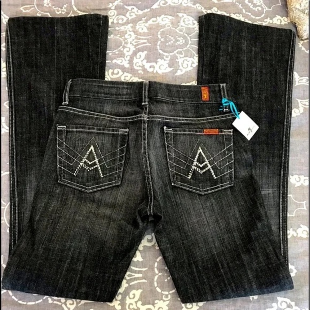 7 For All Mankind Black Swarovski “A” Pocket Flare Jeans Size 26